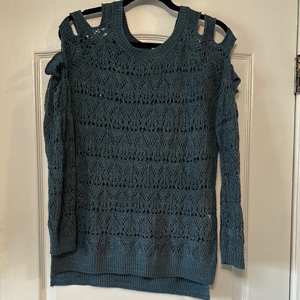 Eyeshadow Blue Off-the-Shoulder Sweater with Lacy Knit